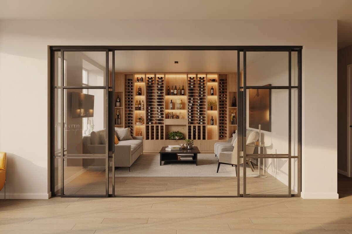 Black-framed sliding glass doors revealing a backlit wine wall sitting room