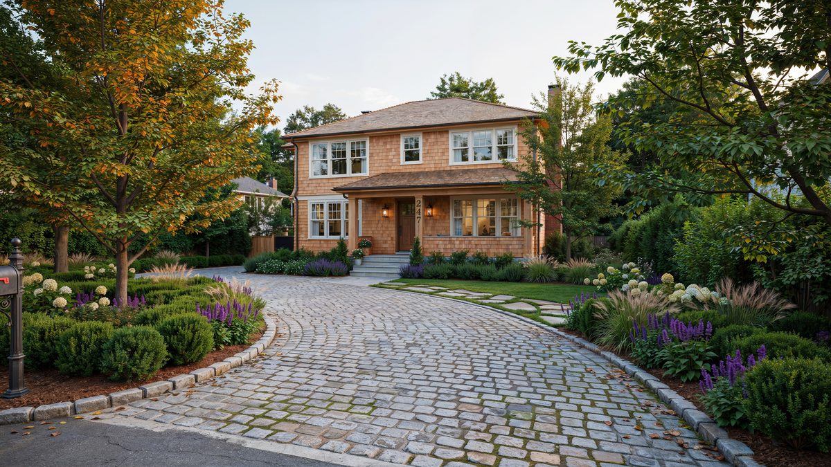 Curving cobblestone drive edged with clipped shrubs and autumn plantings