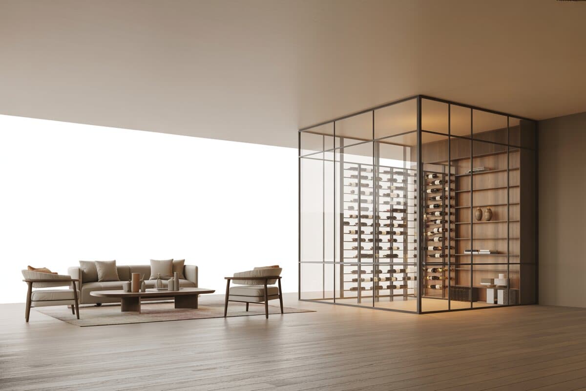 Glass wine cube focal point beside a minimalist sofa and lounge chairs