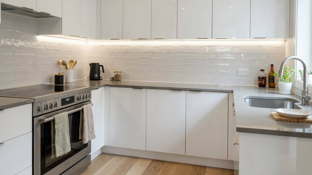 Modern white gloss kitchen with under cabinet lighting and gray quartz countertops