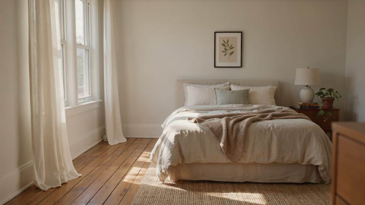 Sunlit bedroom with wide plank hardwood floors and sheer white curtains