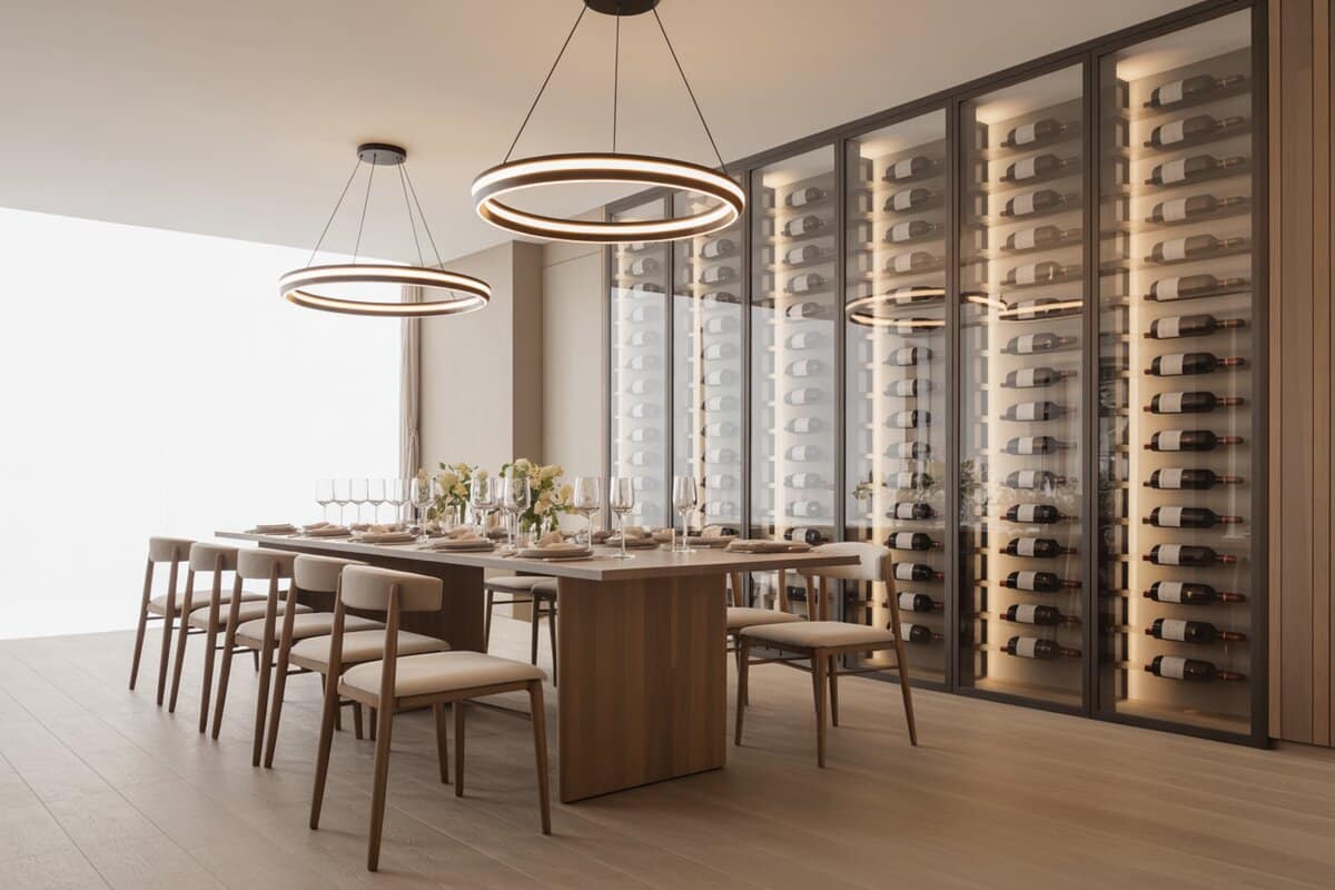 Two ring chandeliers above a set table beside a glowing wine wall