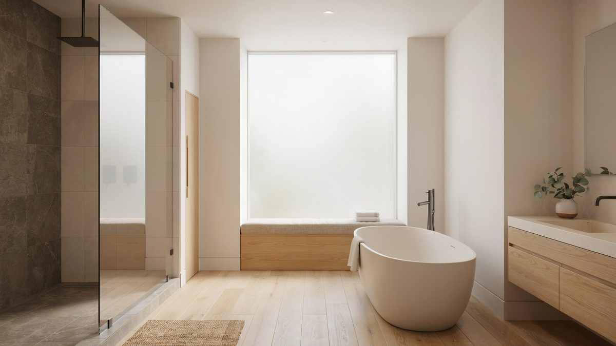 Spa bathroom with freestanding tub, glass shower and wood window seat