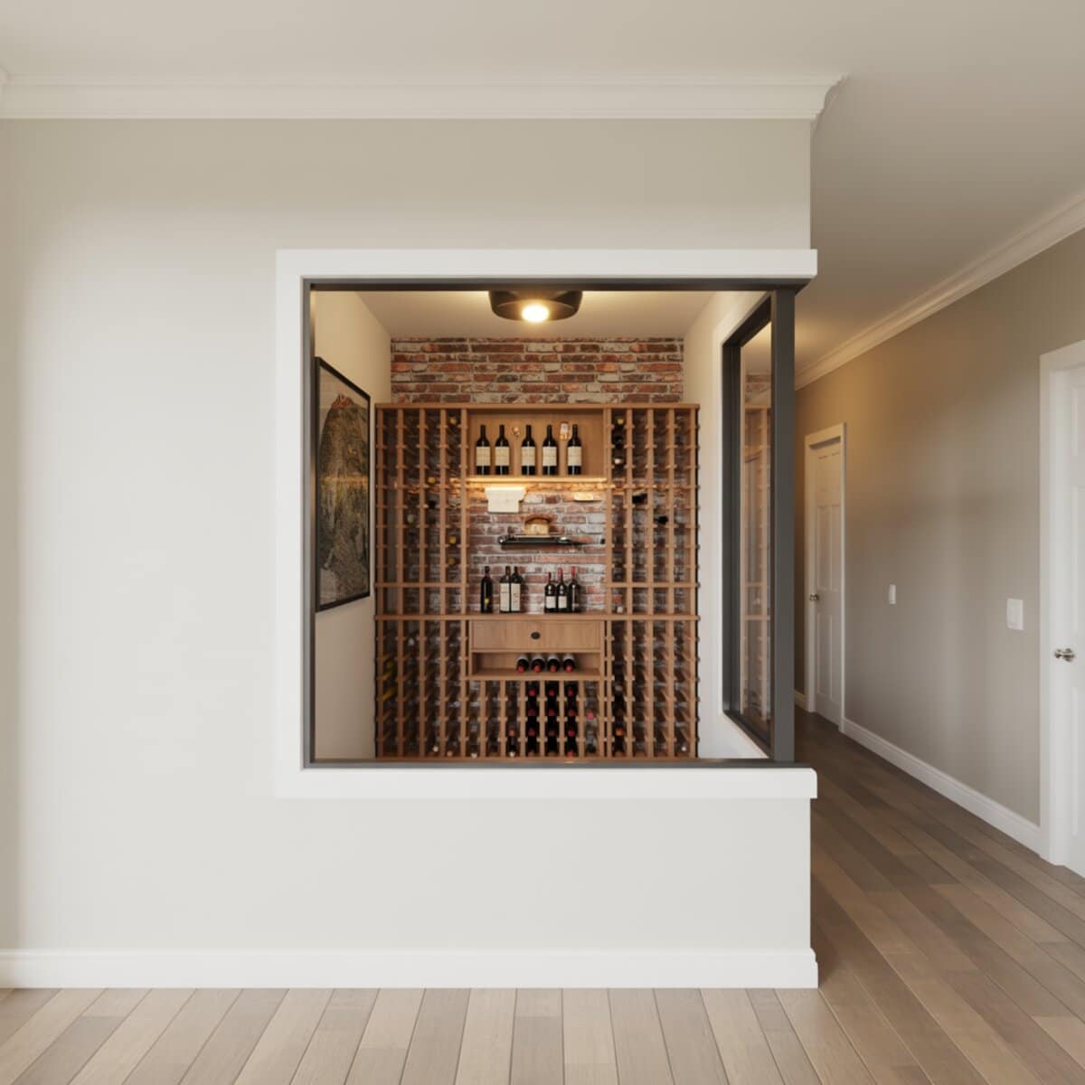 Interior window opening framing a brick wine nook with wood racks