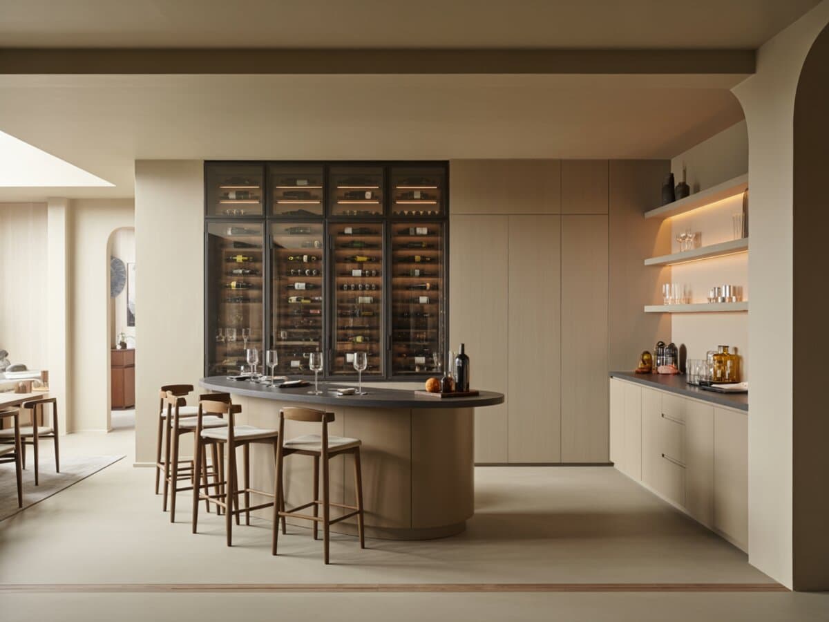 Curved bar island facing tall glass wine cabinets in a neutral room