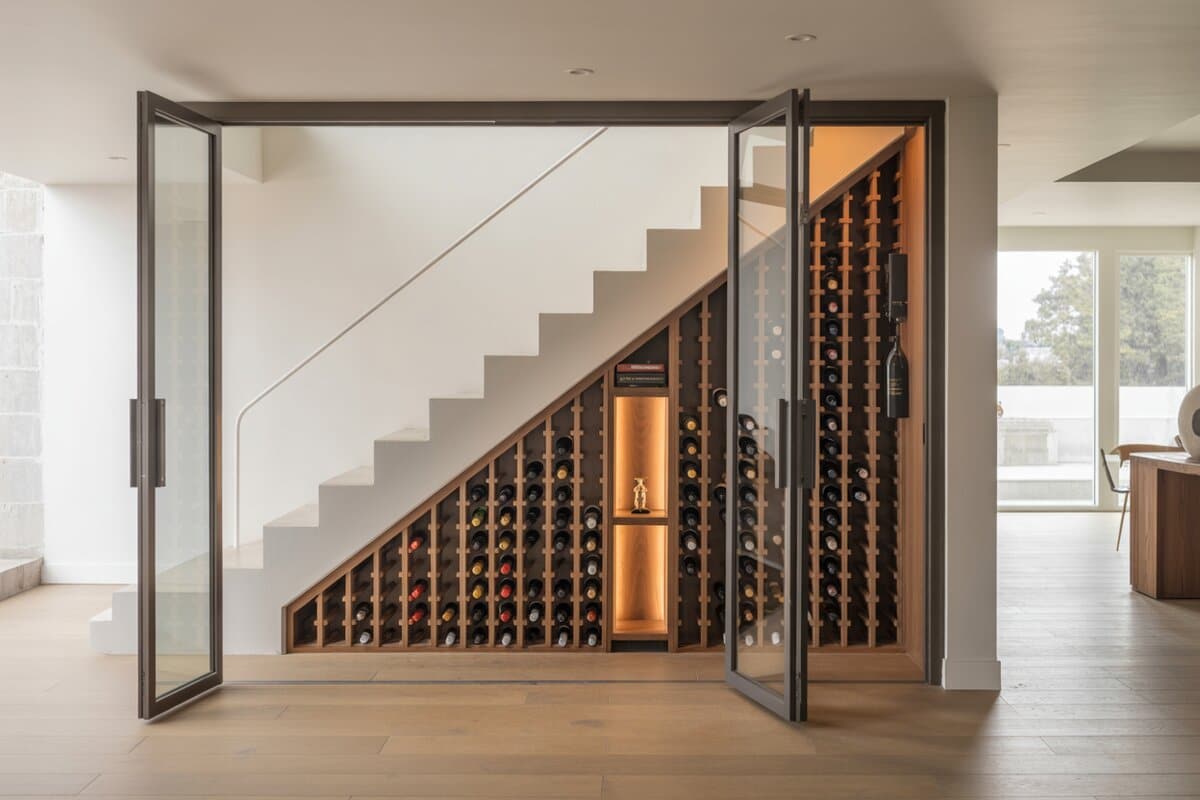 Twin glass pivot doors opening to an under-stair wine rack display