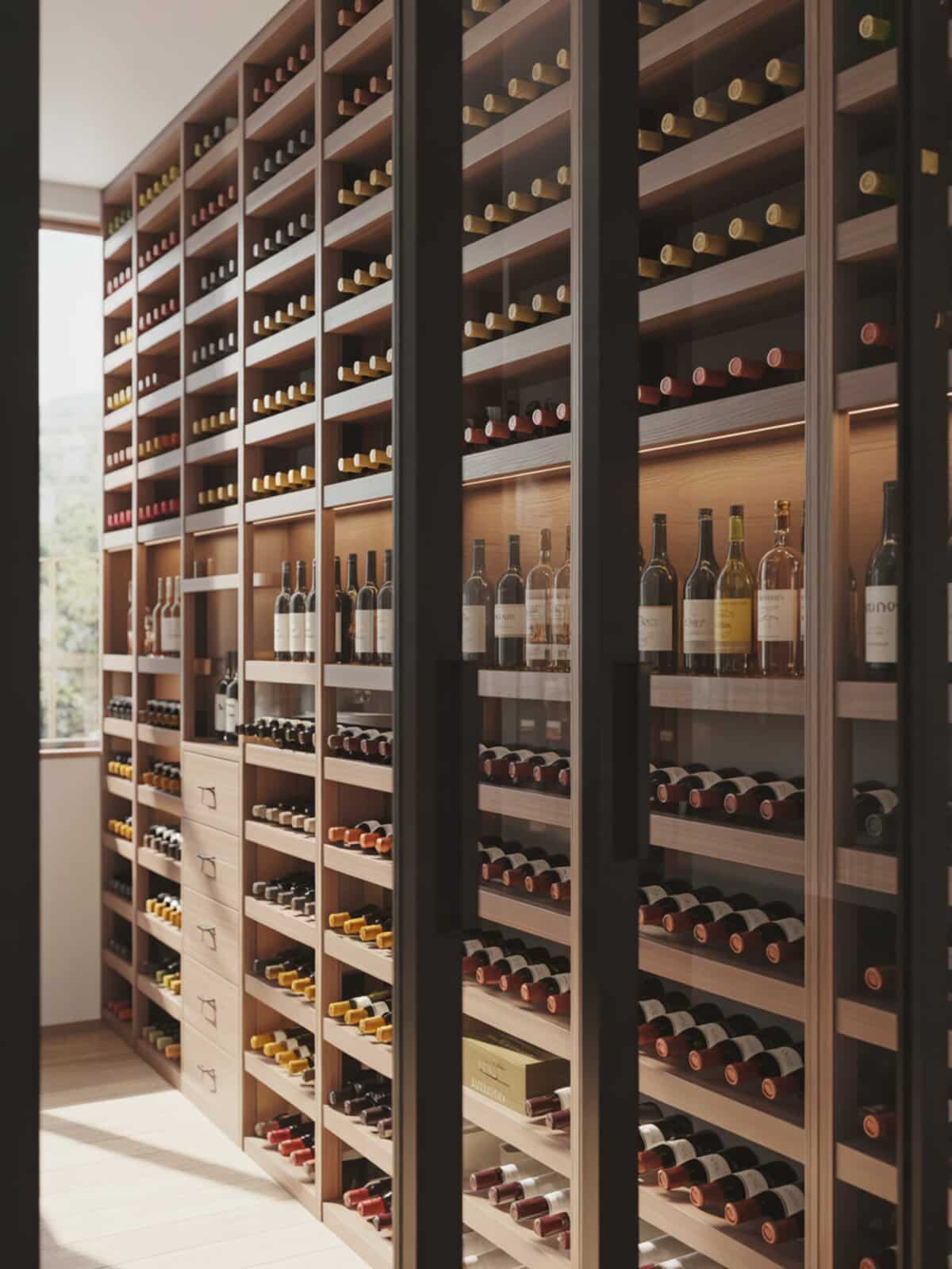Tall glass-door wine wall with angled wood racks and stacked bottles