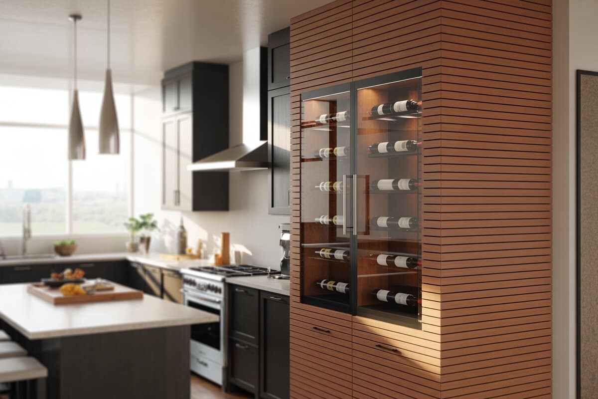 Slatted wood column holding a glass wine display in a black-cabinet kitchen
