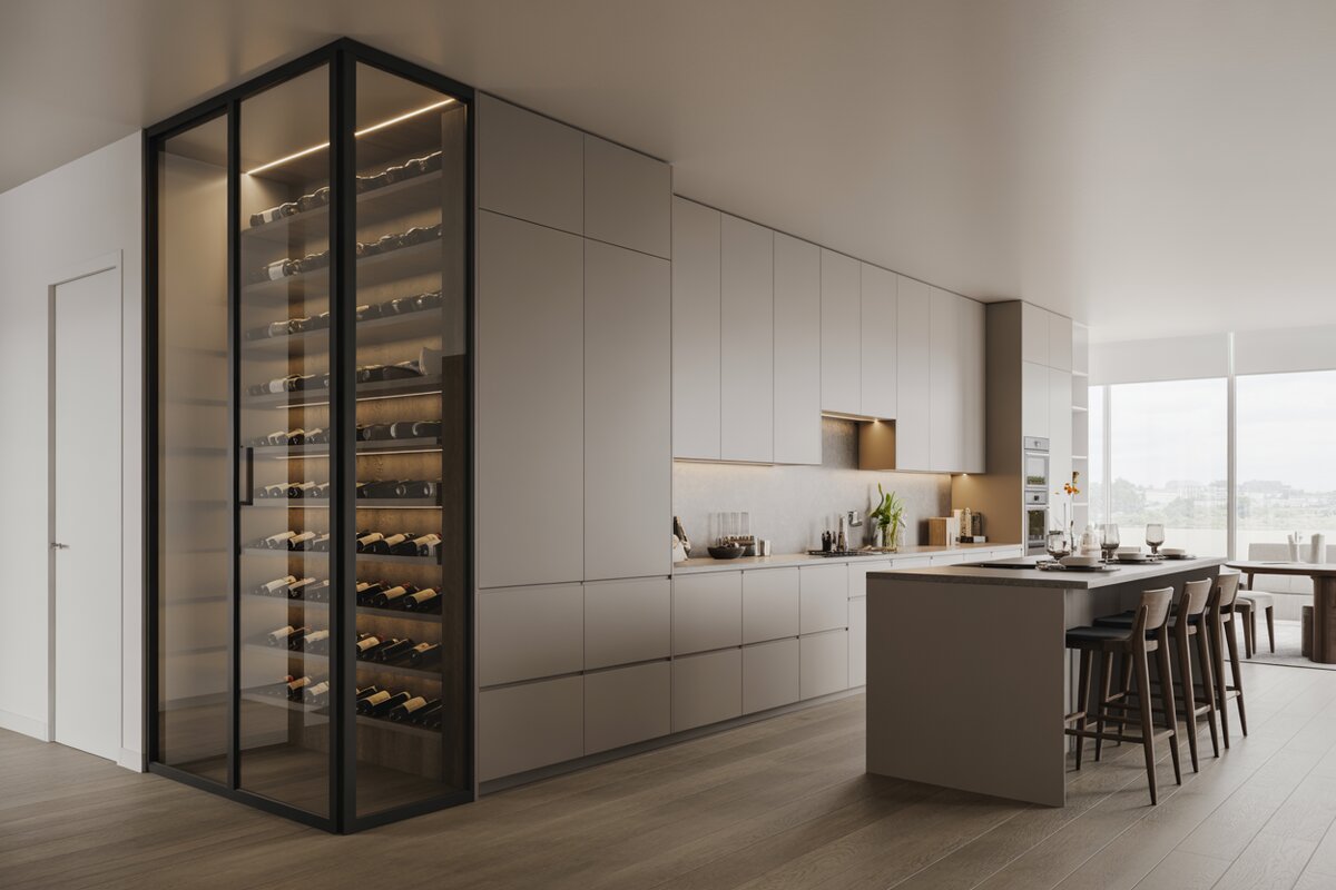 Gray handleless kitchen with a tall corner glass wine cabinet and island