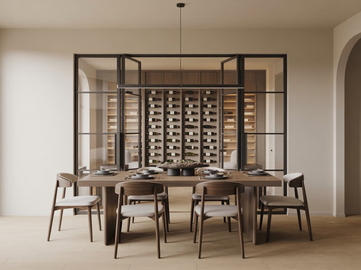 Set dining table before black-framed glass doors and a backlit wine wall