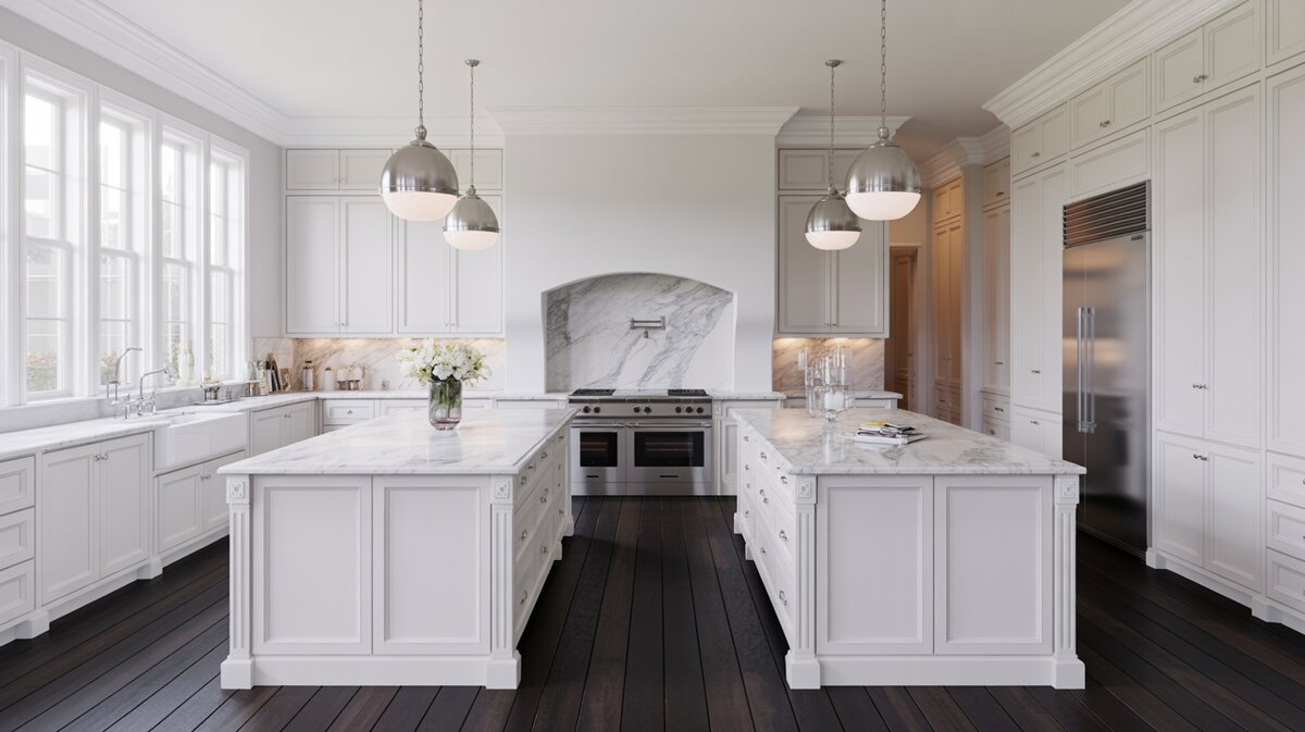 Grand all-white kitchen featuring two marble islands and ebony hardwood floors