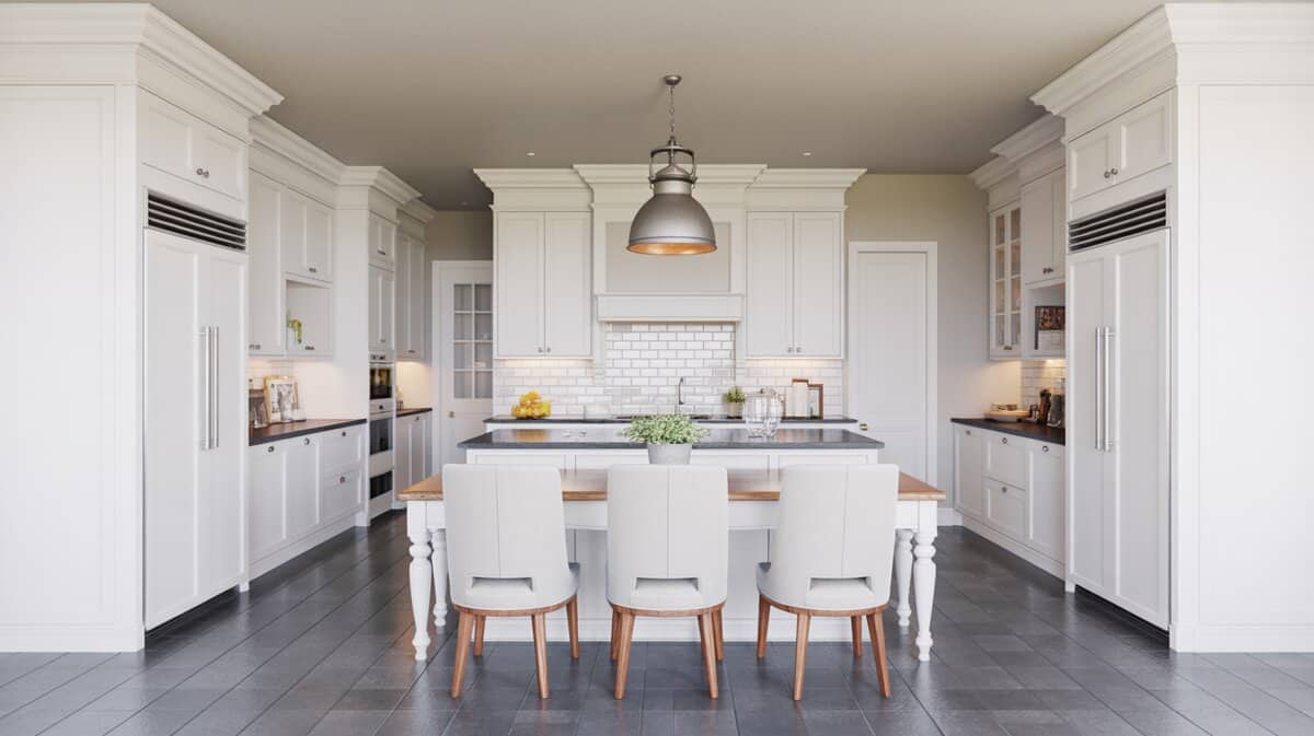 All-white kitchen with island extending to dining table surrounded by white upholstered chairs