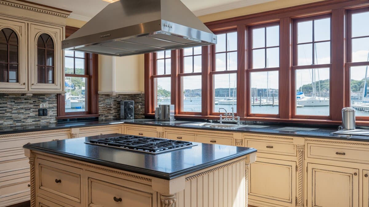 Antique cream kitchen with black granite island and marina harbor view through large windows
