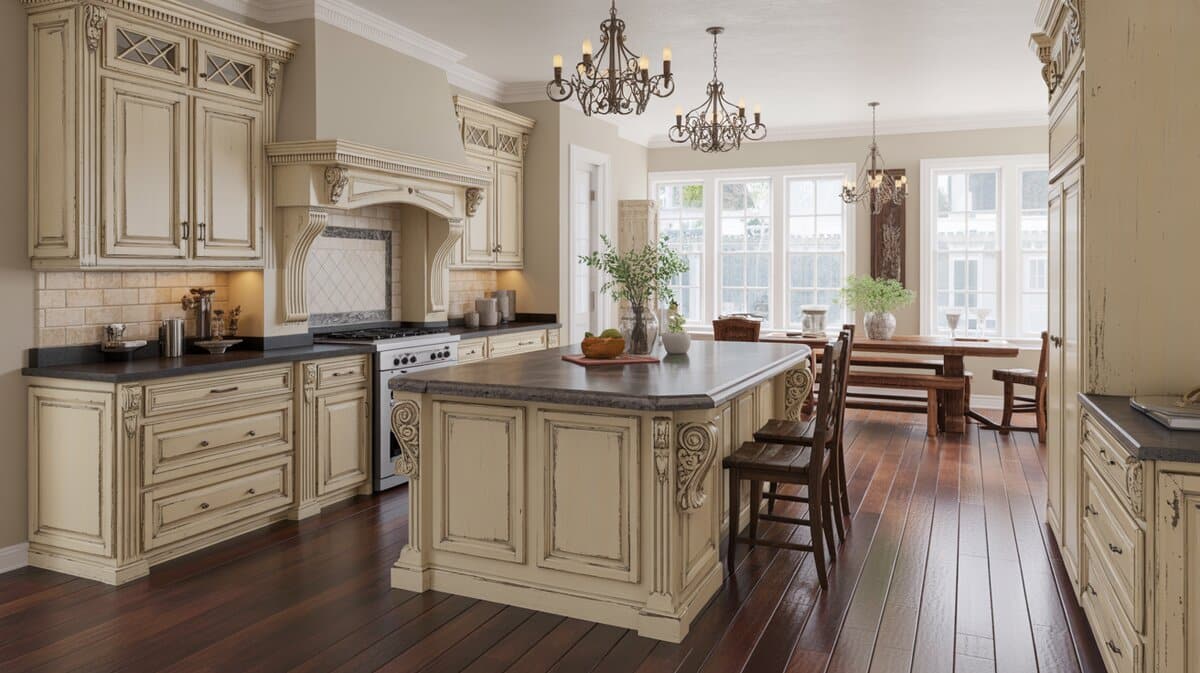 Antique glazed kitchen with ornate carved island, iron chandeliers, and dark mahogany floors