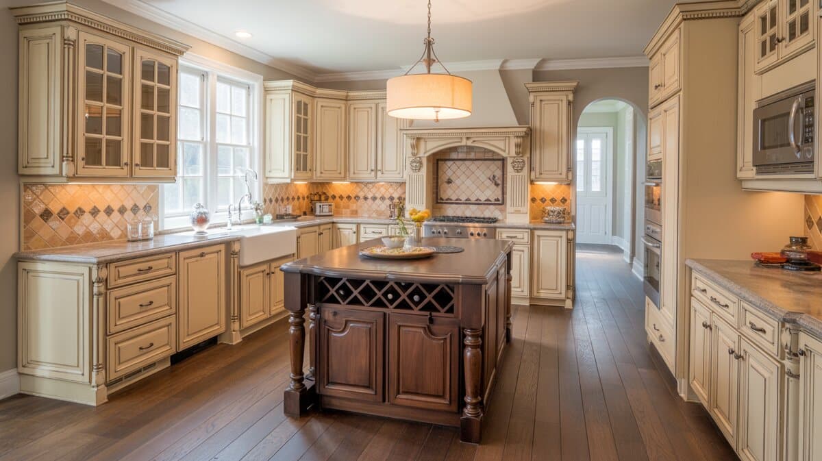Antique white kitchen with walnut island featuring built-in wine rack on oak floors