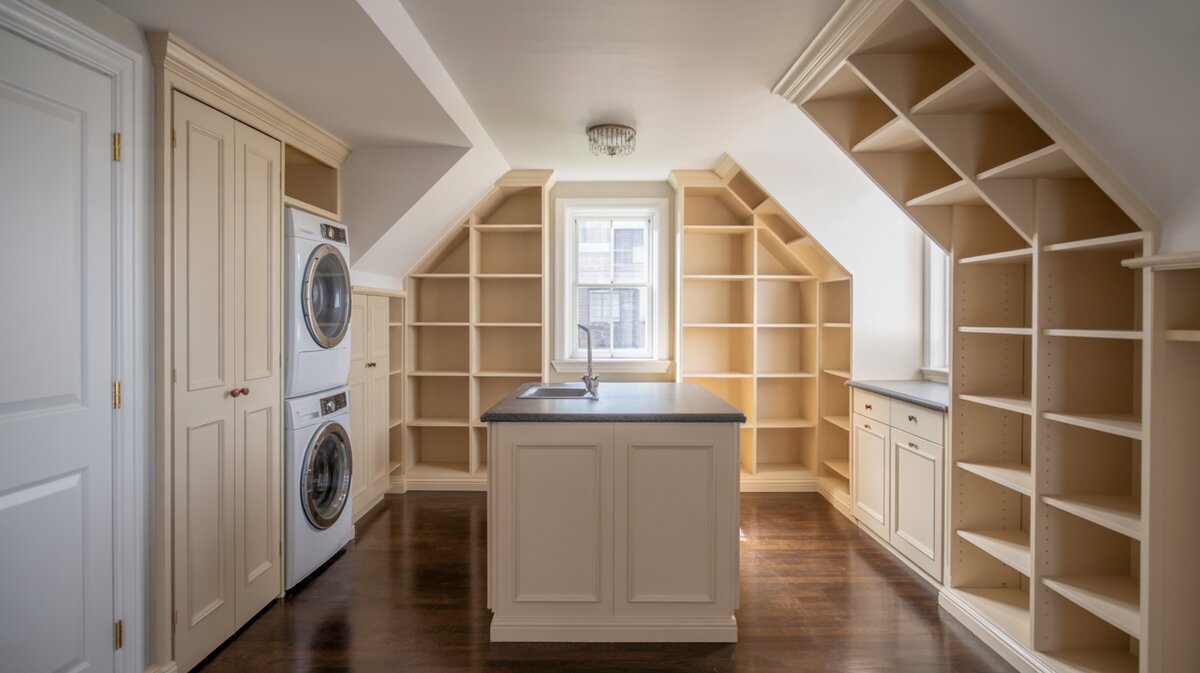 Attic walk-in wardrobe with integrated laundry area, white open shelving and old oak wood flooring