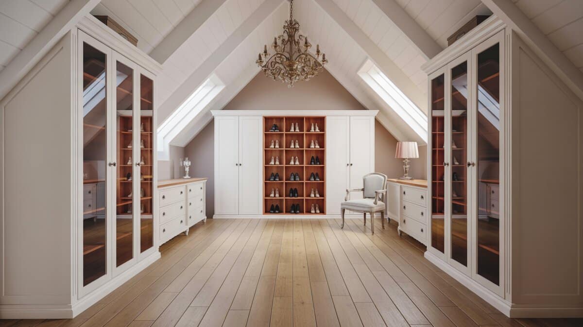 Bright feminine attic walk-in with white walls, glass-panel cabinet doors and sloped ceiling