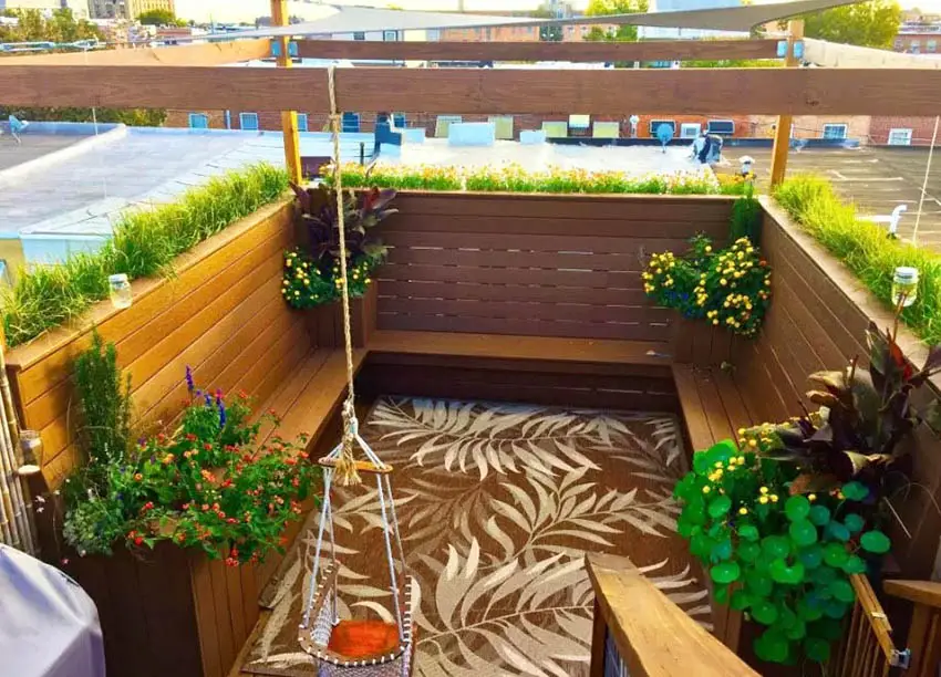 Balcony Deck With Wood Benches And Planter Boxes