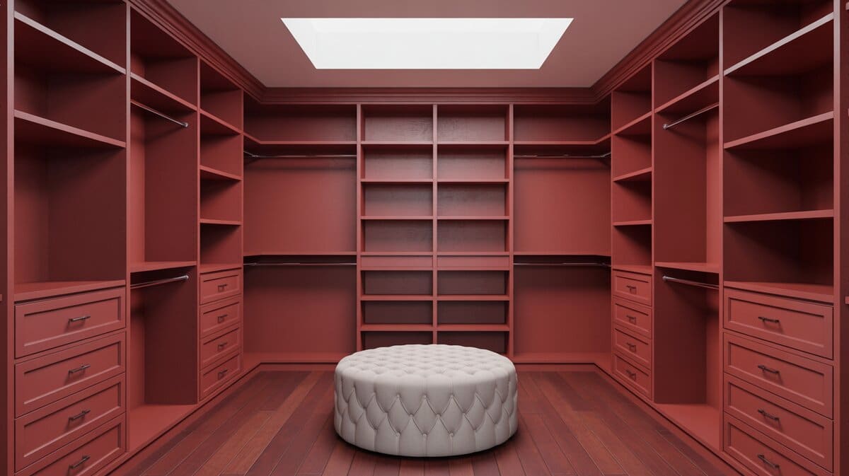 Bold red-on-red walk-in closet with redwood floors, matching cabinets and white ottoman