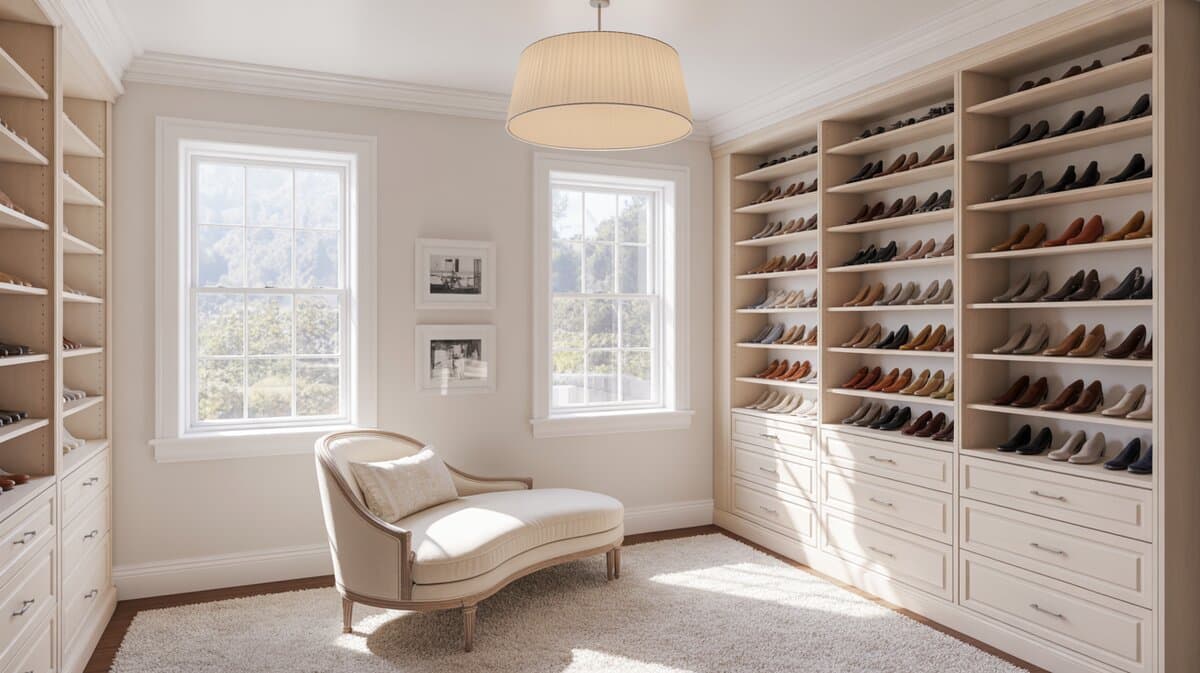 Contemporary all-white closet with open storage, shoe display and central upholstered bench