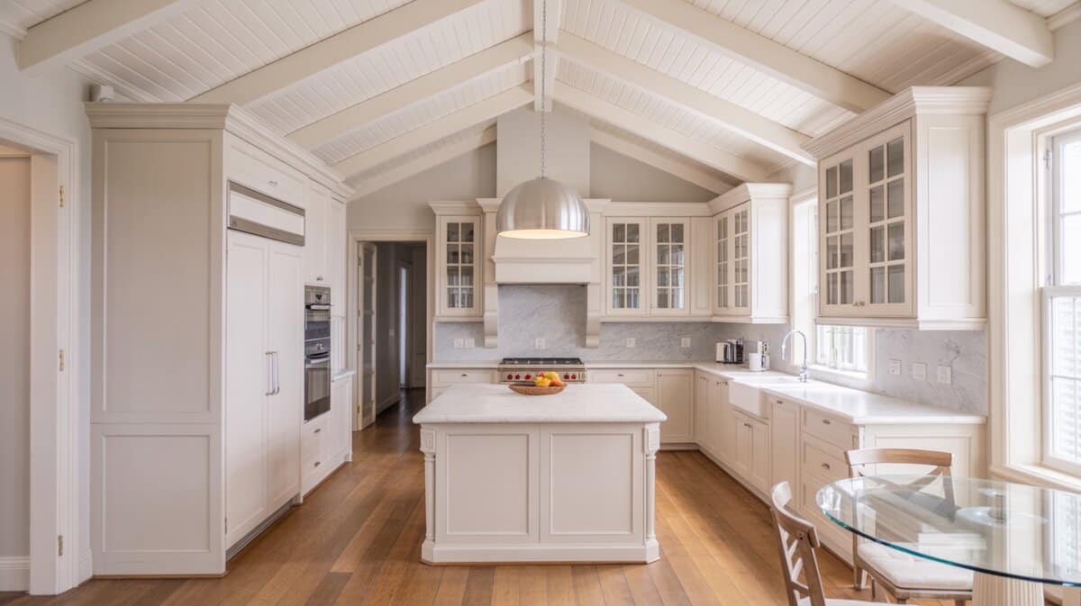Bright white kitchen with vaulted beamed ceiling, dome pendant, and warm wood floors