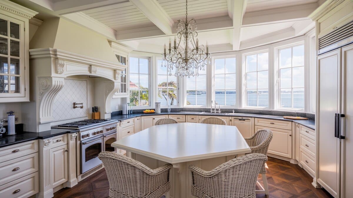 Coastal kitchen with hexagonal island, wicker chairs, crystal chandelier, and water views