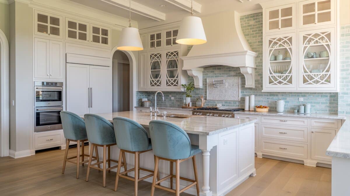 Coastal white kitchen with teal velvet stools and seafoam aqua tile backsplash