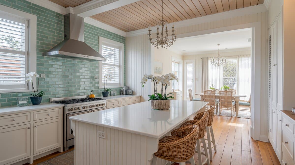 Coastal white kitchen with wood plank ceiling, seafoam tile backsplash, and wicker stools