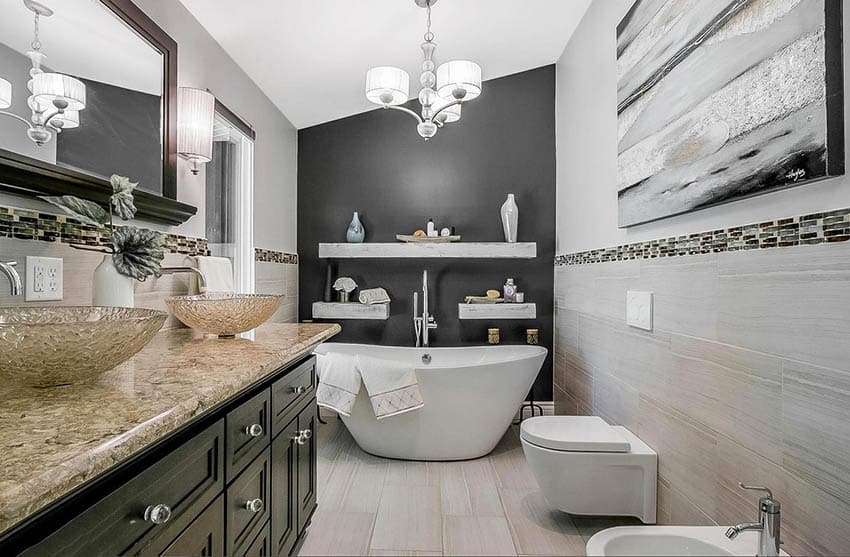 Contemporary bathroom with bidet and freestanding tub