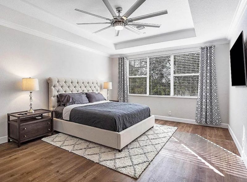 contemporary bedroom with area rug ceiling fan 800x590
