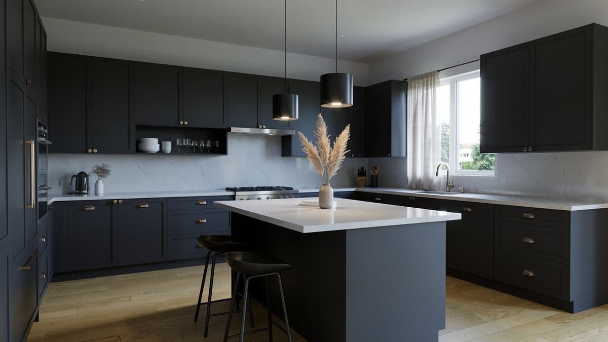 Black and white kitchen design with matte black cabinets and white quartz countertops