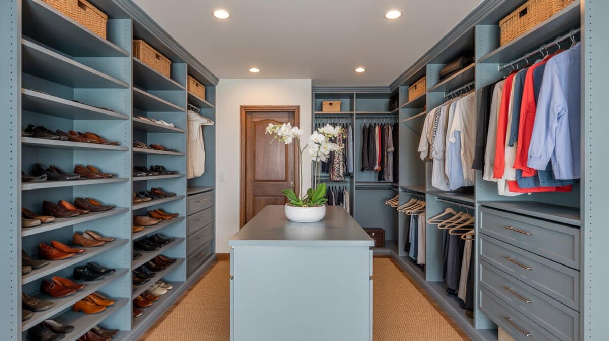 Contemporary closet with steel blue cabinets, maple wood accents and open-type storage