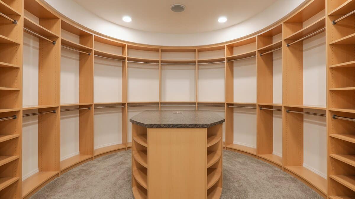 Contemporary closet with unique curved wall, open clothes racks following the curve and adjustable shelves