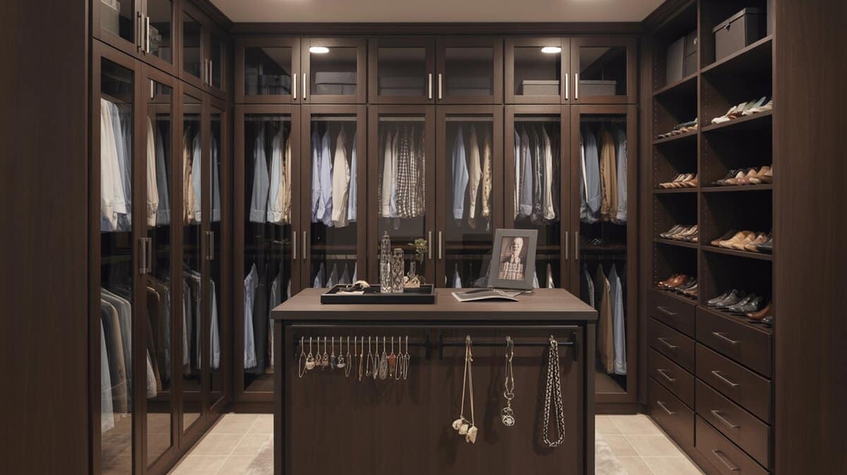 Small dark mahogany walk-in with frosted glass panels and island counter with shoe shelves