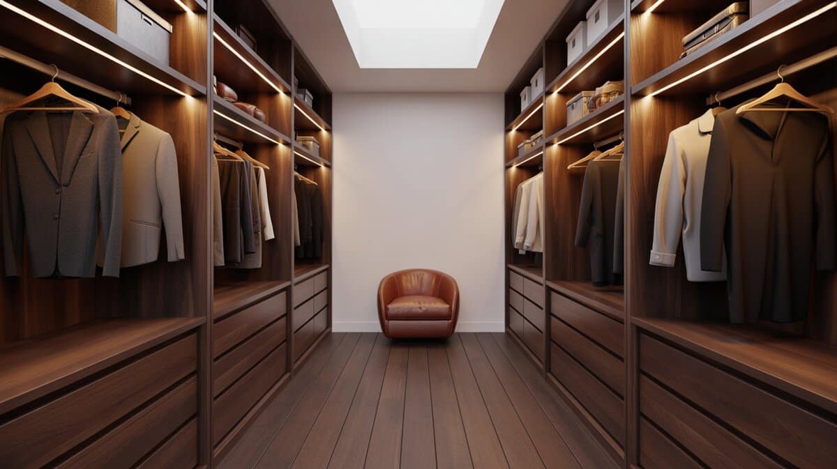 Rich wood walk-in closet with leather armchair, masculine design and dedicated shoe storage