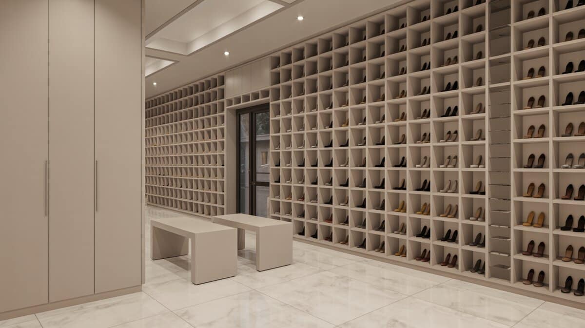 Walk-in wardrobe with high-tech sliding shoe shelves, two-row storage system and open white hanging racks