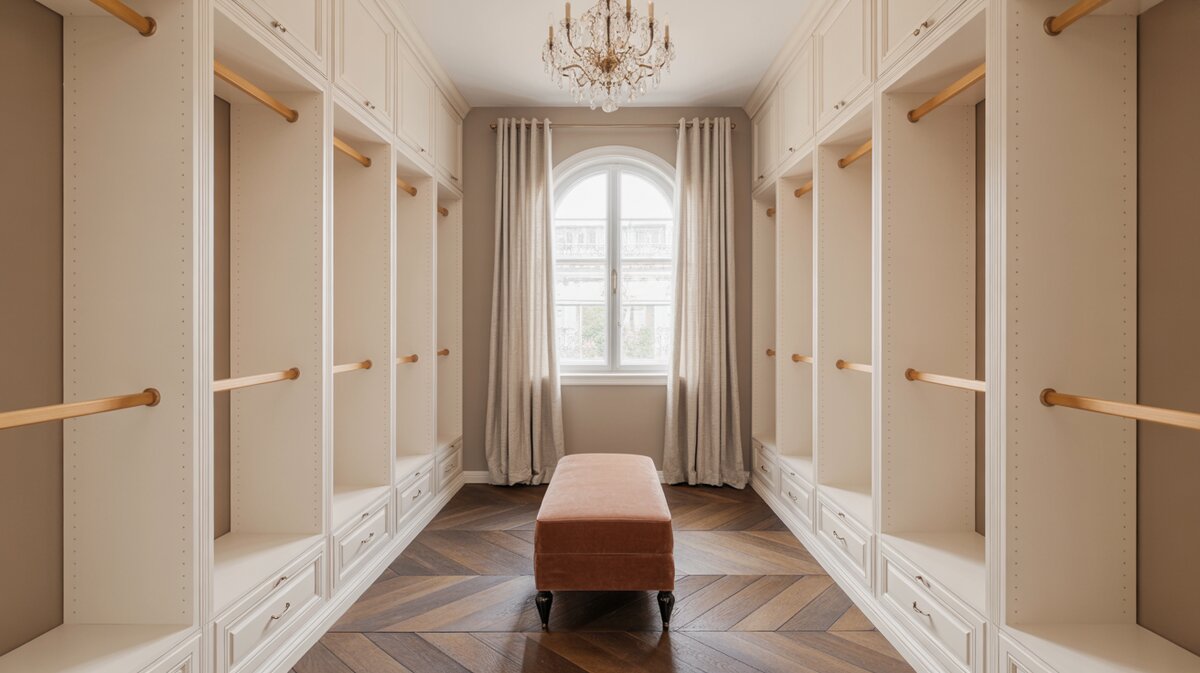 French-inspired walk-in closet with ivory cabinets, herringbone floors and crystal chandelier