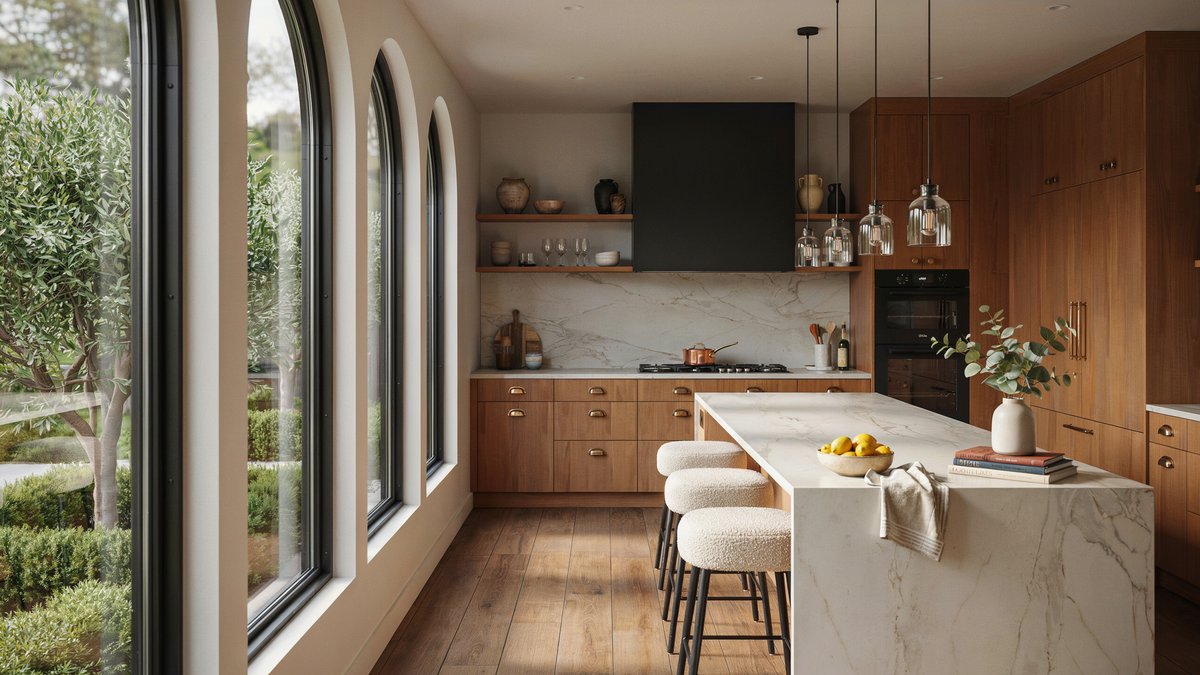 Walnut kitchen with marble waterfall island, boucle stools and arched windows