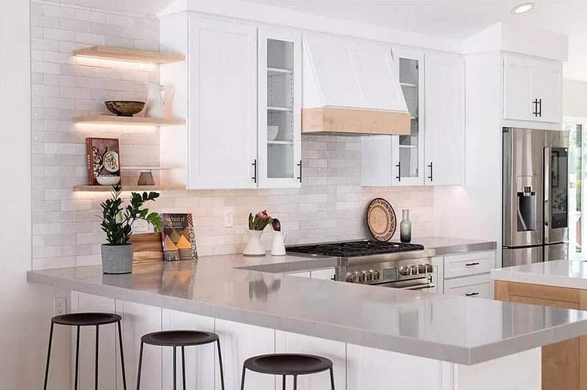 Contemporary kitchen with open shelving with under cabinet lighting