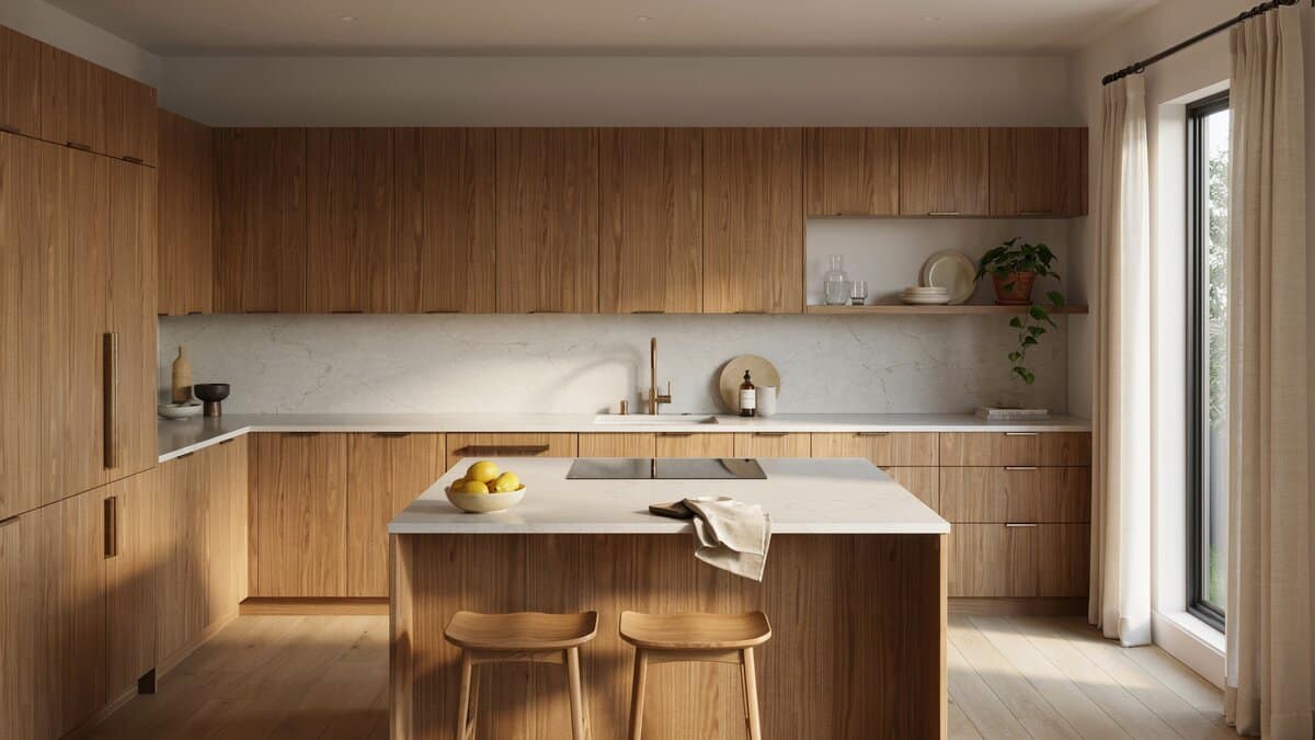 Contemporary kitchen with veneer wood cabinets and white quartz countertops