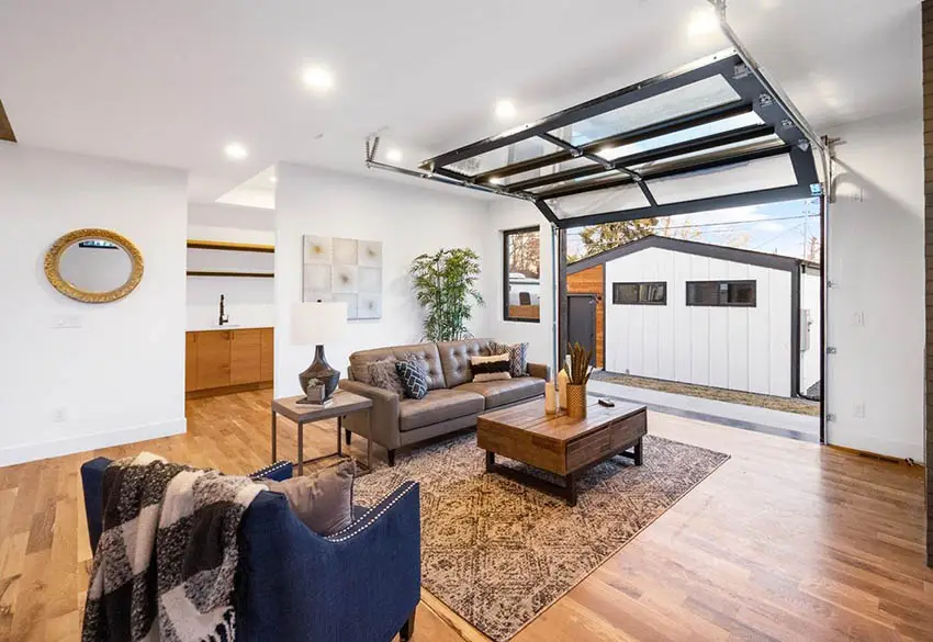 Contemporary living room with roll up garage door