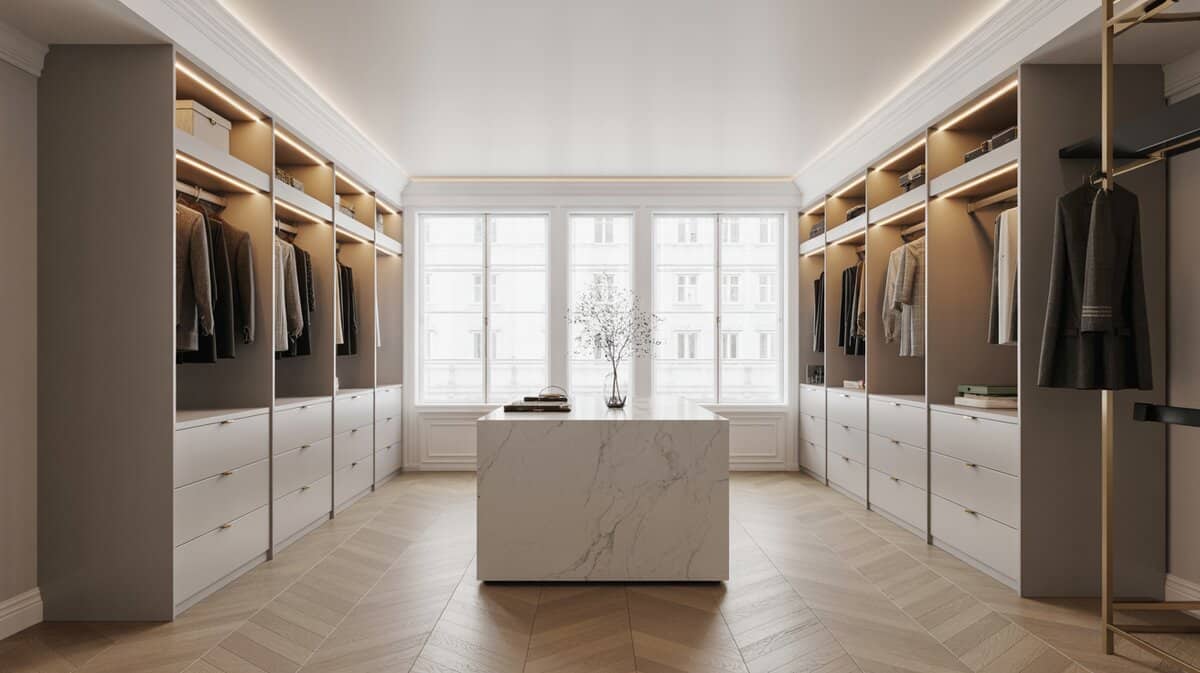 Contemporary luxury walk-in closet with grey cabinets, marble island and herringbone wood floors