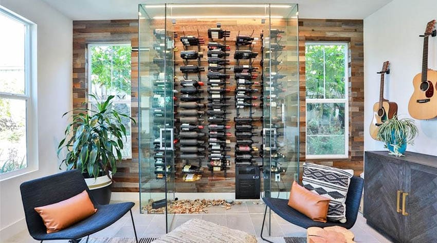 Contemporary man cave with wine closet