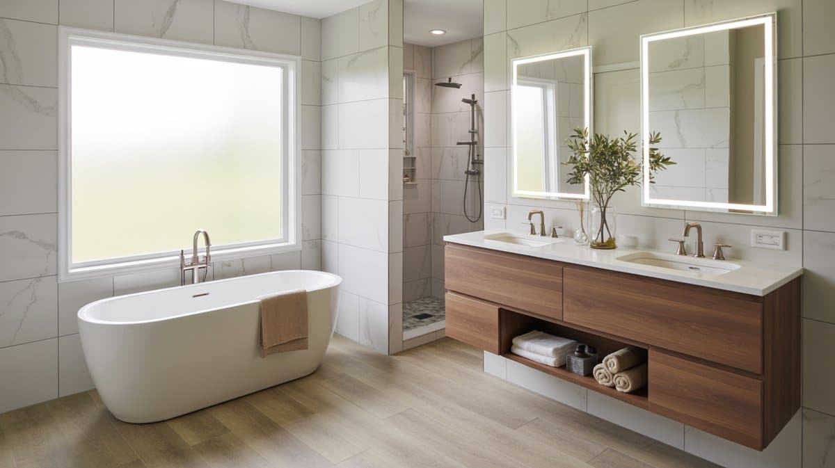contemporary master bathroom with freestanding tub and walnut floating vanity