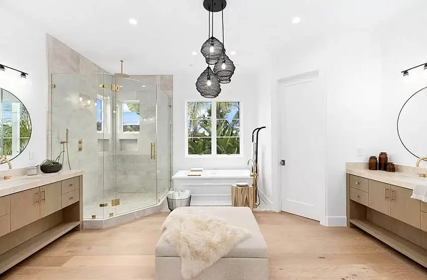Contemporary Master Bathroom With Rainfall Shower And Window Seat
