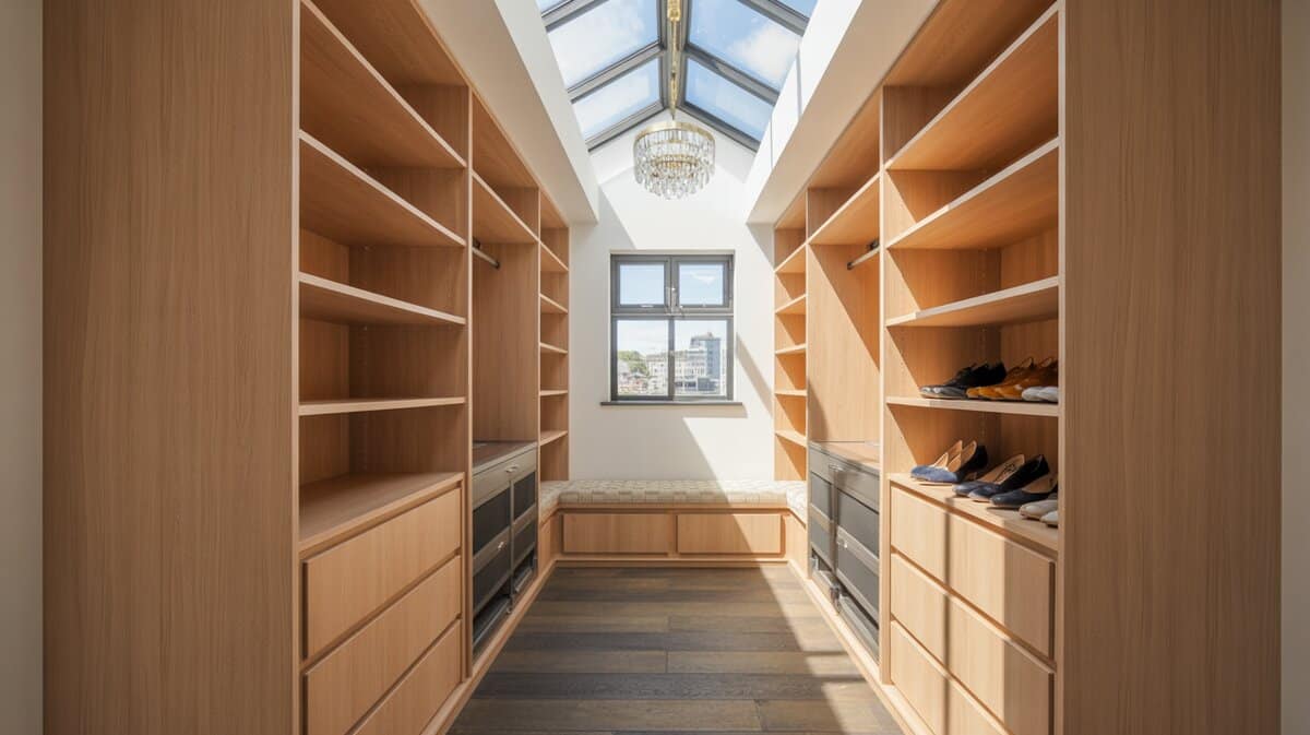 Small walk-in wardrobe with natural walnut modular cabinets on mocha walls and dark walnut tile floors