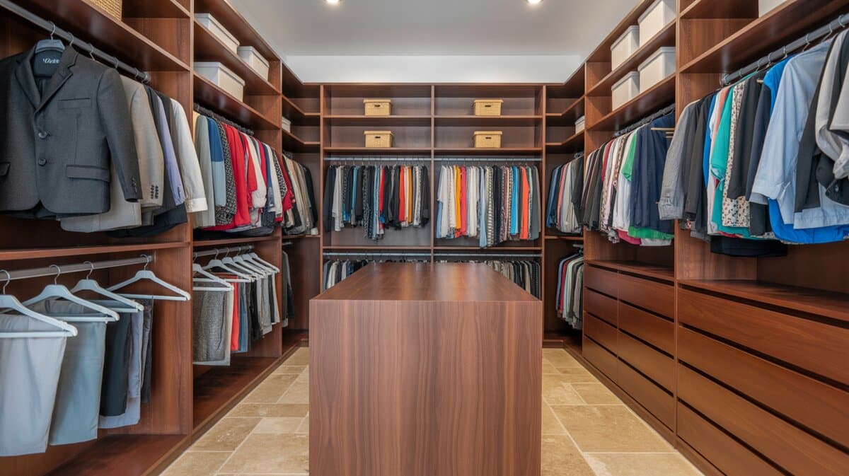 Contemporary walk-in with irregular layout, golden walnut open shelving and hanging racks