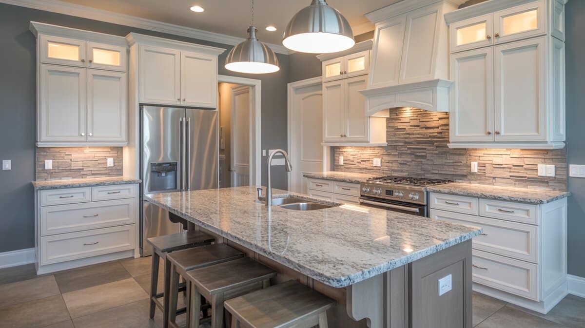 White kitchen with gray island, stacked stone backsplash, granite counters, and dome pendants