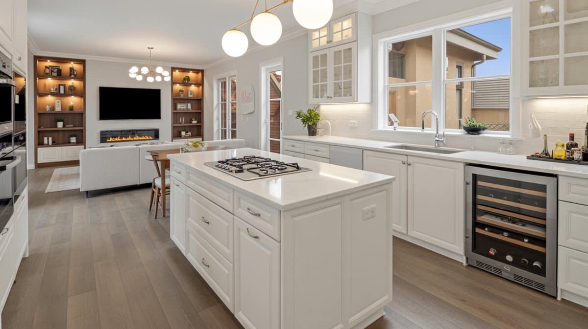 White open-plan kitchen with globe pendants, gas cooktop island, and fireplace beyond