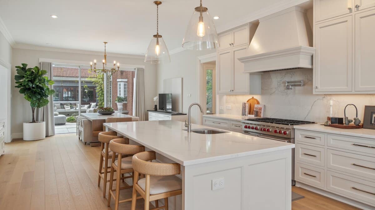 Open white kitchen with waterfall island, woven stools, and glass pendant lights